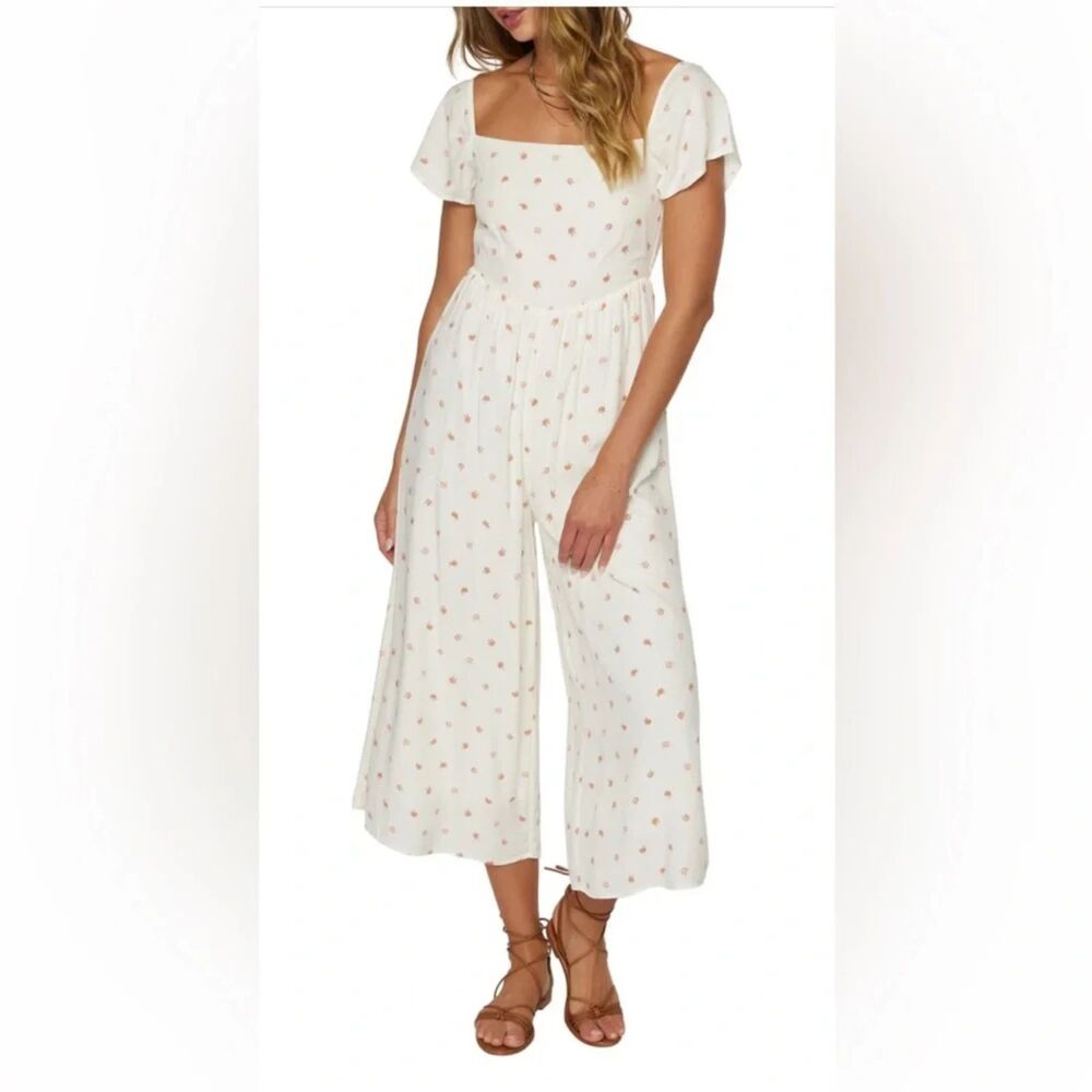 O'Neill Lanai ditsy floral wide-leg cropped jumpsuit off shoulder sleeves S